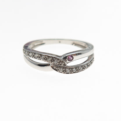 925 Sterling Silver Real Pink Sapphire & C Z Interlocked Ring Size 7