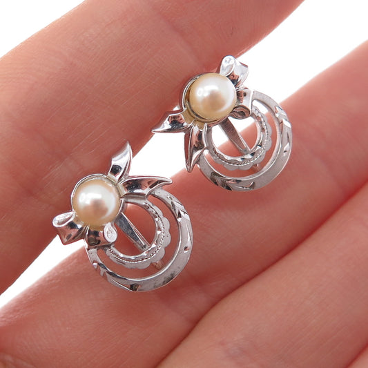 MARVEL 925 Sterling Silver Antique Art Deco Real Pearl Screw Back Earrings