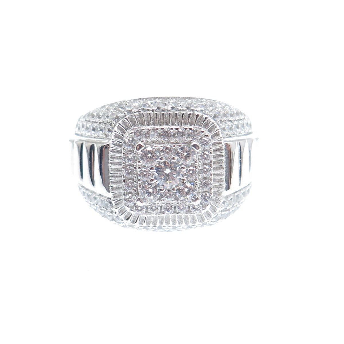 925 Sterling Silver Round-Cut Shaped C Z Ribbed Domed Ring Size 9.5