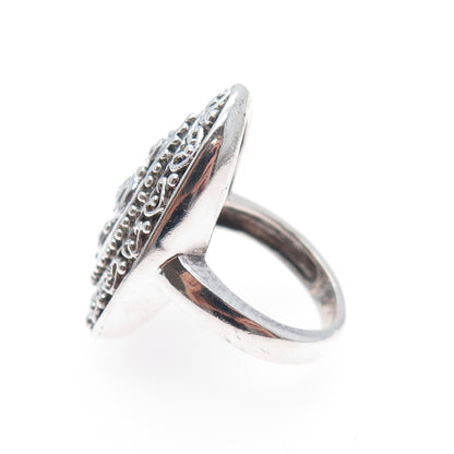 KEN CRAFTS 925 Sterling Silver Vintage Rose Flower Heart Oxidized Ring Size 6.75