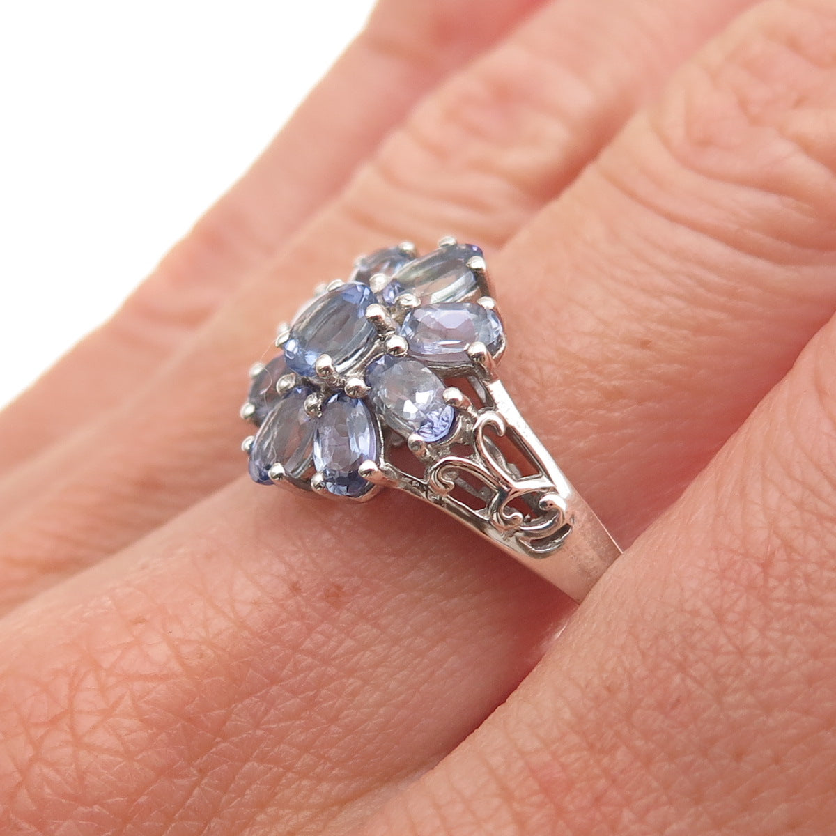 Chuck Clemency 925 Sterling Silver Real Oval-Cut Tanzanite Floral Ring Size 8