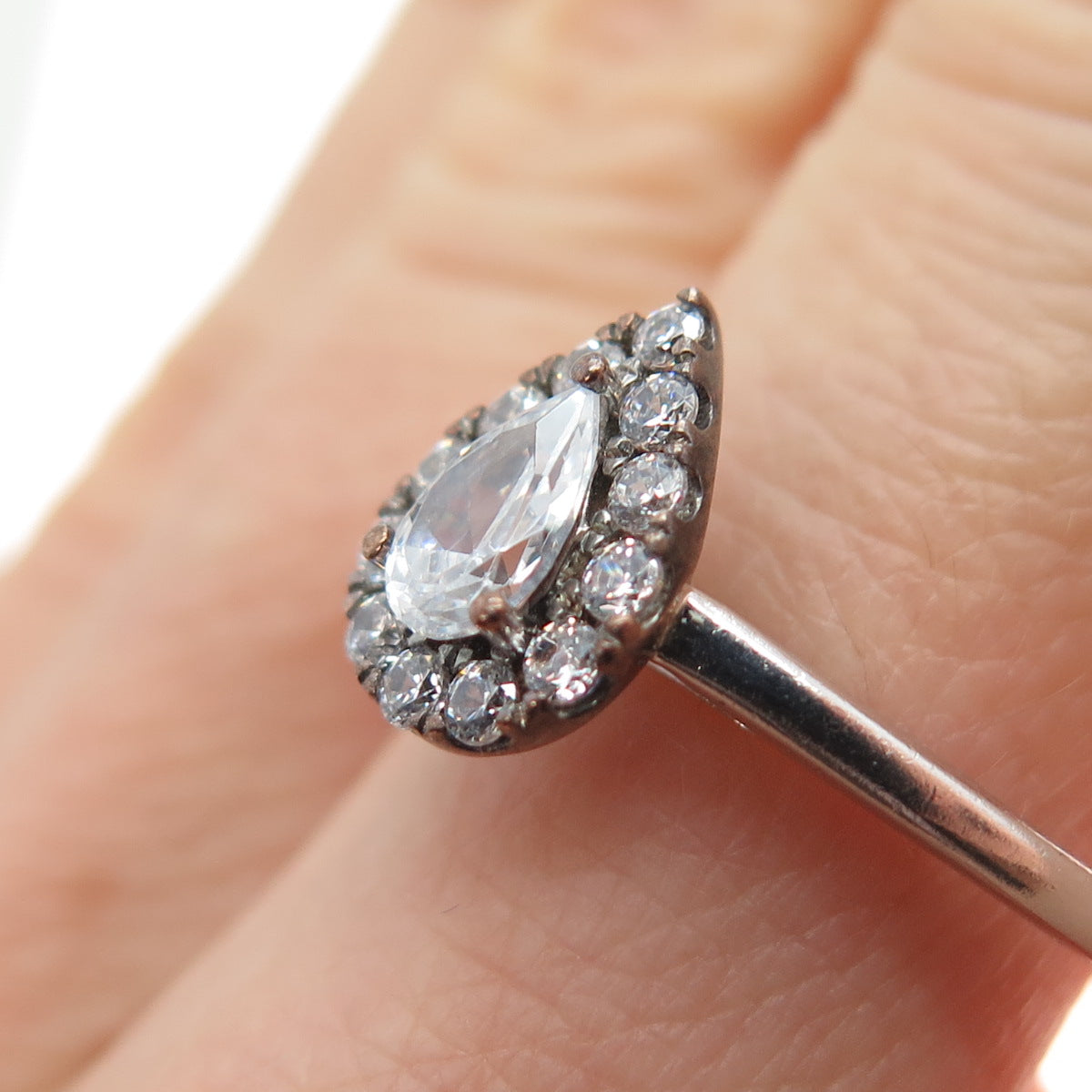925 Sterling Silver 2-Tone Pear & Round-Cut C Z Promise Ring Size 7