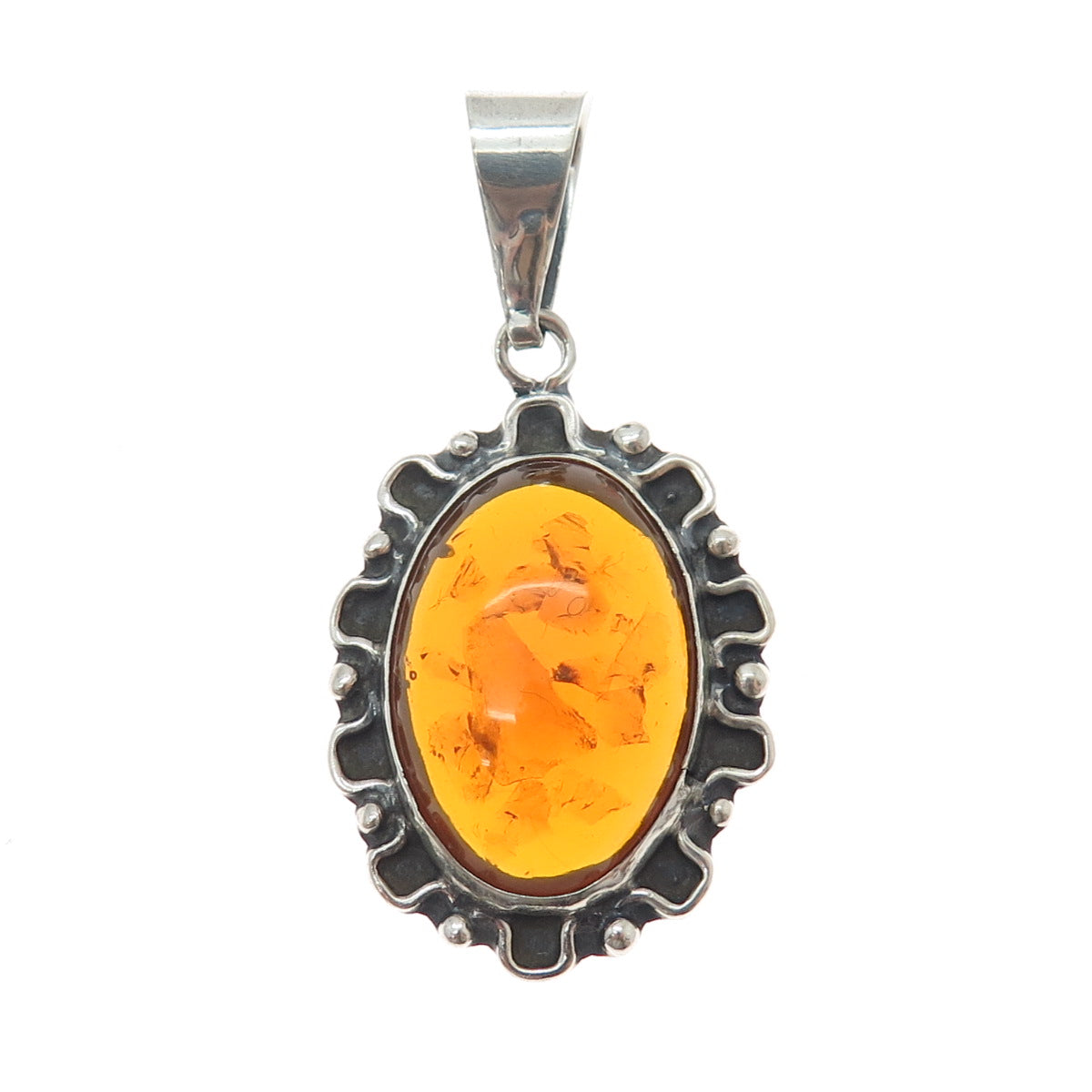 925 Sterling Silver Vintage Mexico Real Amber Modernist Oxidized Charm Pendant