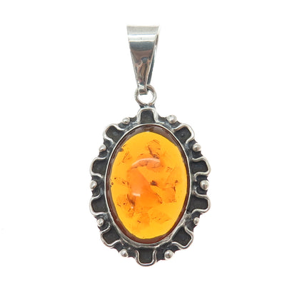 925 Sterling Silver Vintage Mexico Real Amber Modernist Oxidized Charm Pendant