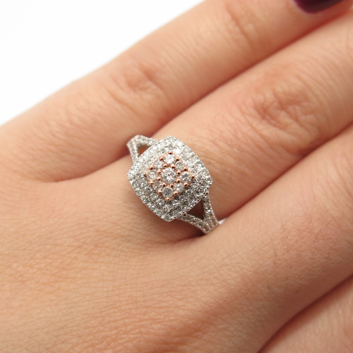 925 Sterling Silver 2-Tone SUN Real White Diamond Square Ring Size 5.75