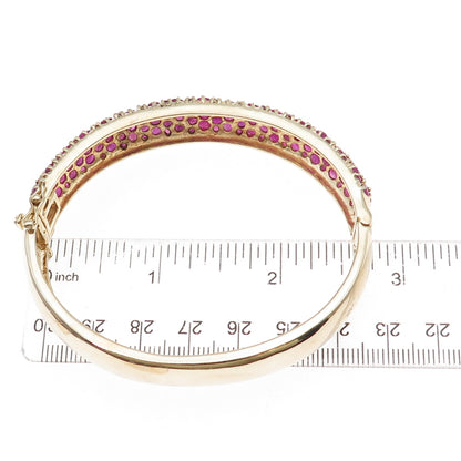 925 Sterling Silver Gold Plated Real Round-Cut Ruby Bangle Bracelet 7.25"