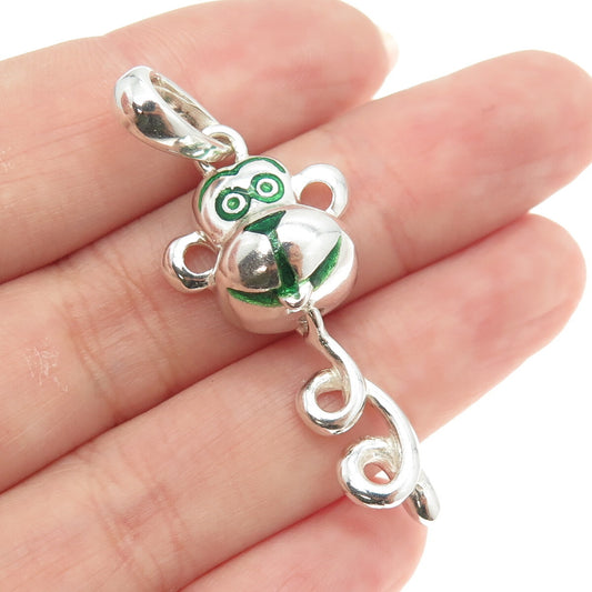 925 Sterling Silver Vintage Italy Green Enamel Monkey Pendant