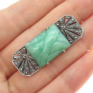 925 Sterling Silver Antique Faux Jade & Real Marcasite Oxidized Pin Brooch