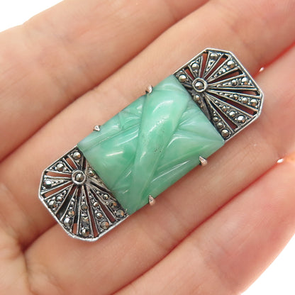 925 Sterling Silver Antique Faux Jade & Real Marcasite Oxidized Pin Brooch