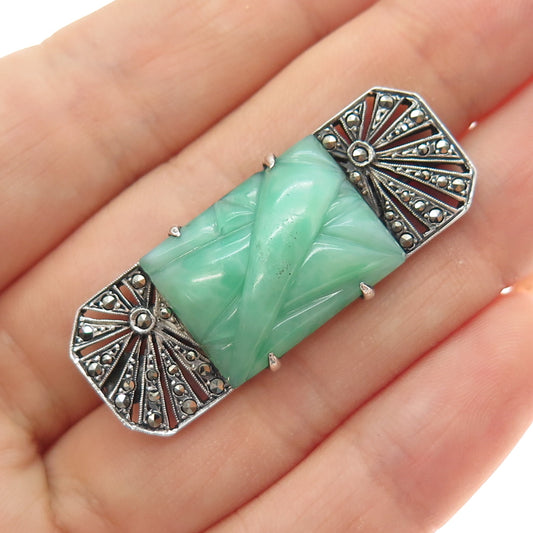 925 Sterling Silver Antique Faux Jade & Real Marcasite Oxidized Pin Brooch