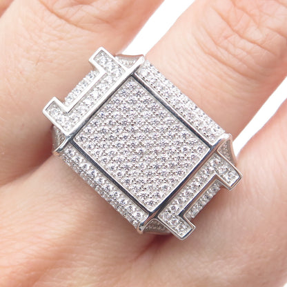 925 Sterling Silver Round-Cut Shaped C Z Signet Wide Ring Size 11.25