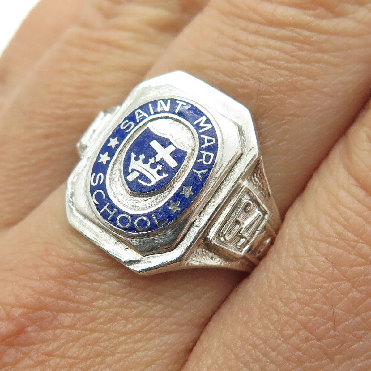 O'NEIL CO. 925 Sterling Vintage 1964 Enamel Saint Mary School Ring Size 8.5