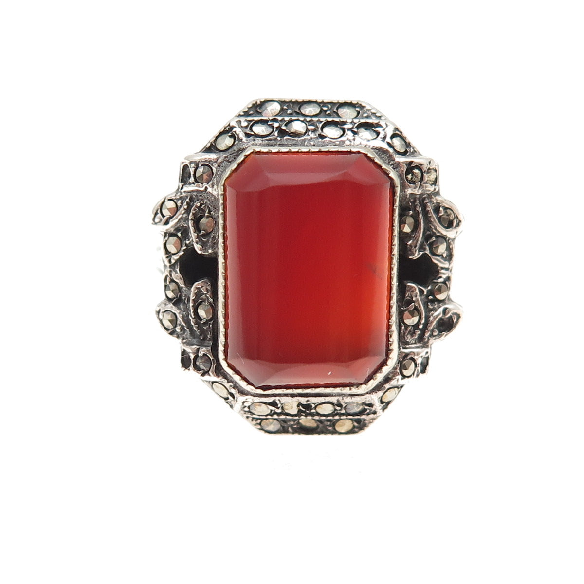 925 Sterling Antique Real Carnelian & Marcasite Ring Size 6.5 (missing 4 stones)