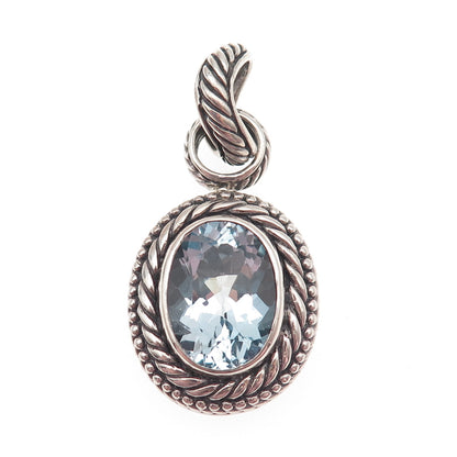 925 Sterling Silver Vintage Real Blue Topaz Modernist Oxidized Charm Pendant