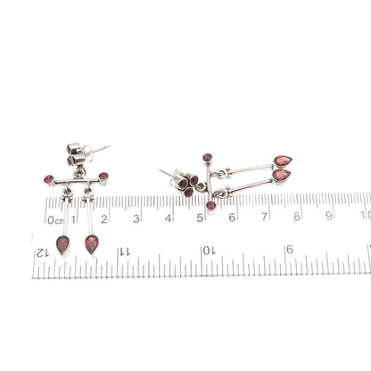 925 Sterling Silver Vintage Real Red Garnet Modernist Dangle Earrings