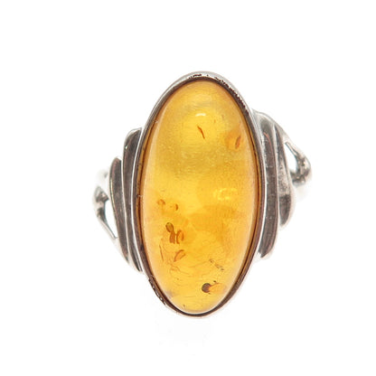 925 Sterling Silver Vintage Real Amber Modernist Ring Size 8.25