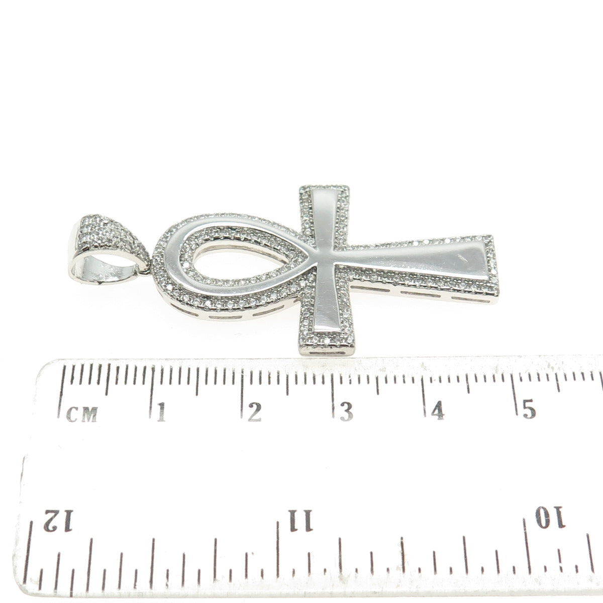 925 Sterling Silver Round-Cut Shaped C Z Egypt Ankh Cross Pendant