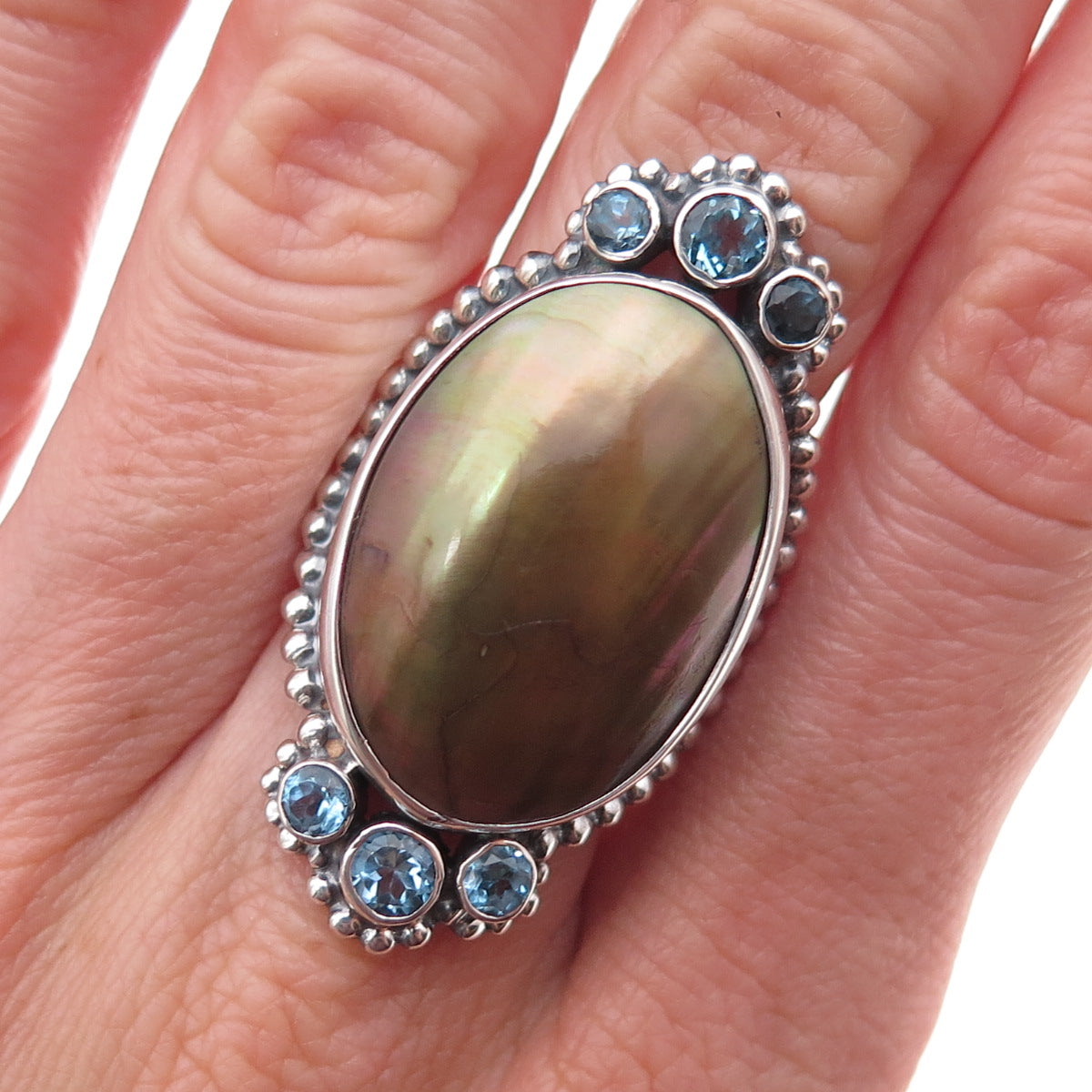 925 Sterling Silver Vintage Real Abalone Shell & Blue Topaz Oxidized Ring Size 7