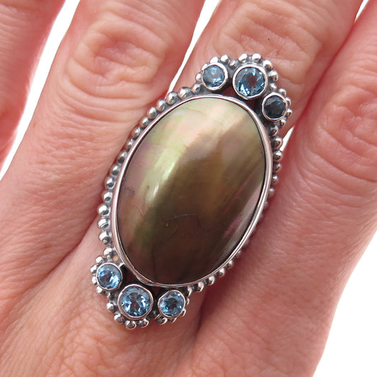 925 Sterling Silver Vintage Real Abalone Shell & Blue Topaz Oxidized Ring Size 7