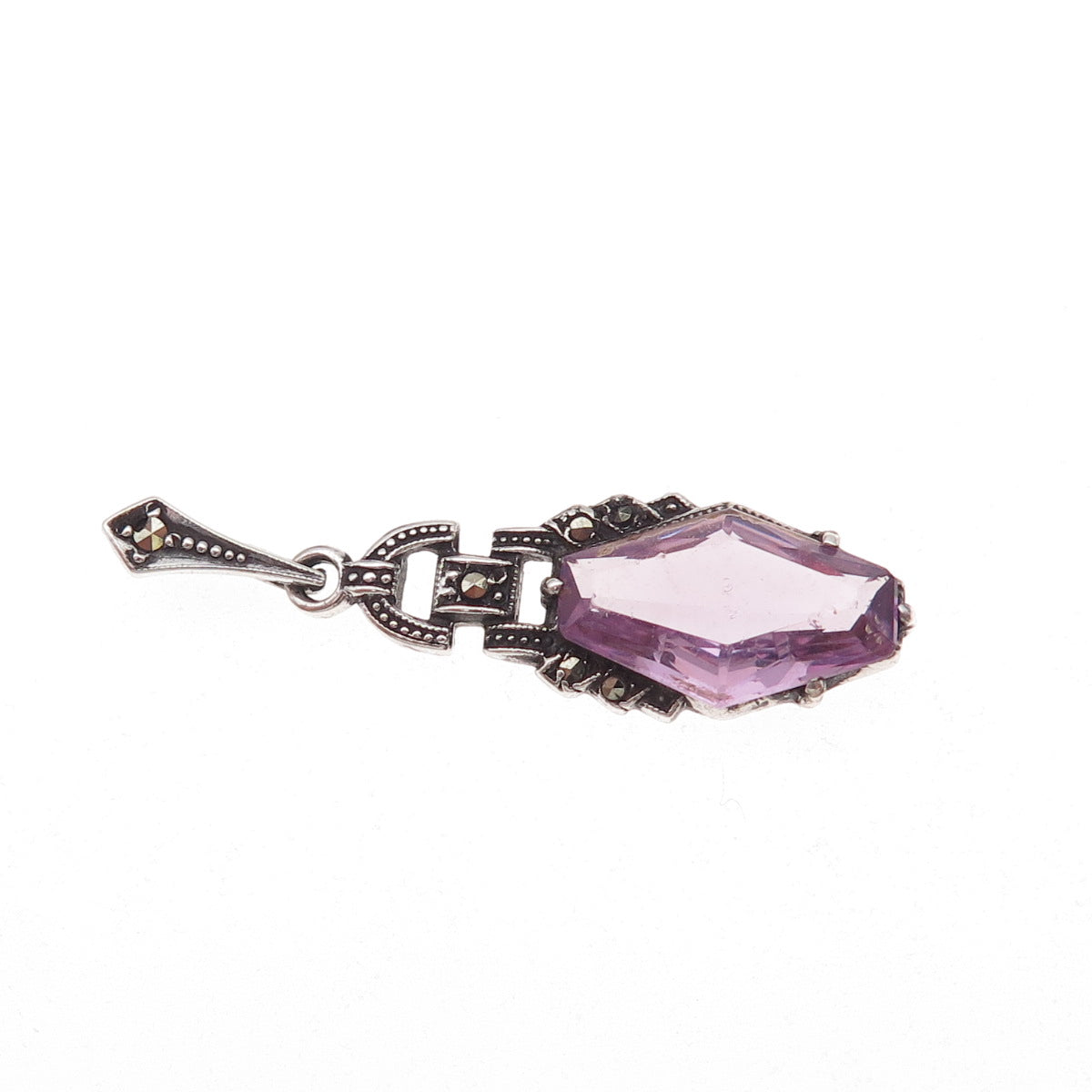 925 Sterling Silver Antique Art Deco Real Amethyst & Marcasite Charm Pendant