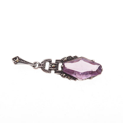 925 Sterling Silver Antique Art Deco Real Amethyst & Marcasite Charm Pendant