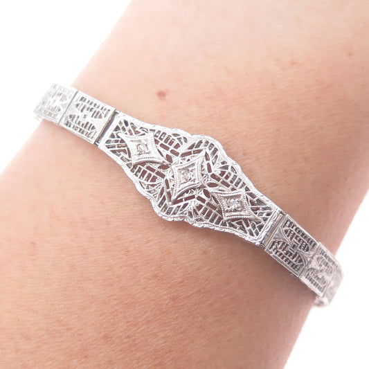 925 Sterling Antique Art Deco Real Diamond Bracelet 6.25" (repair safety chain)