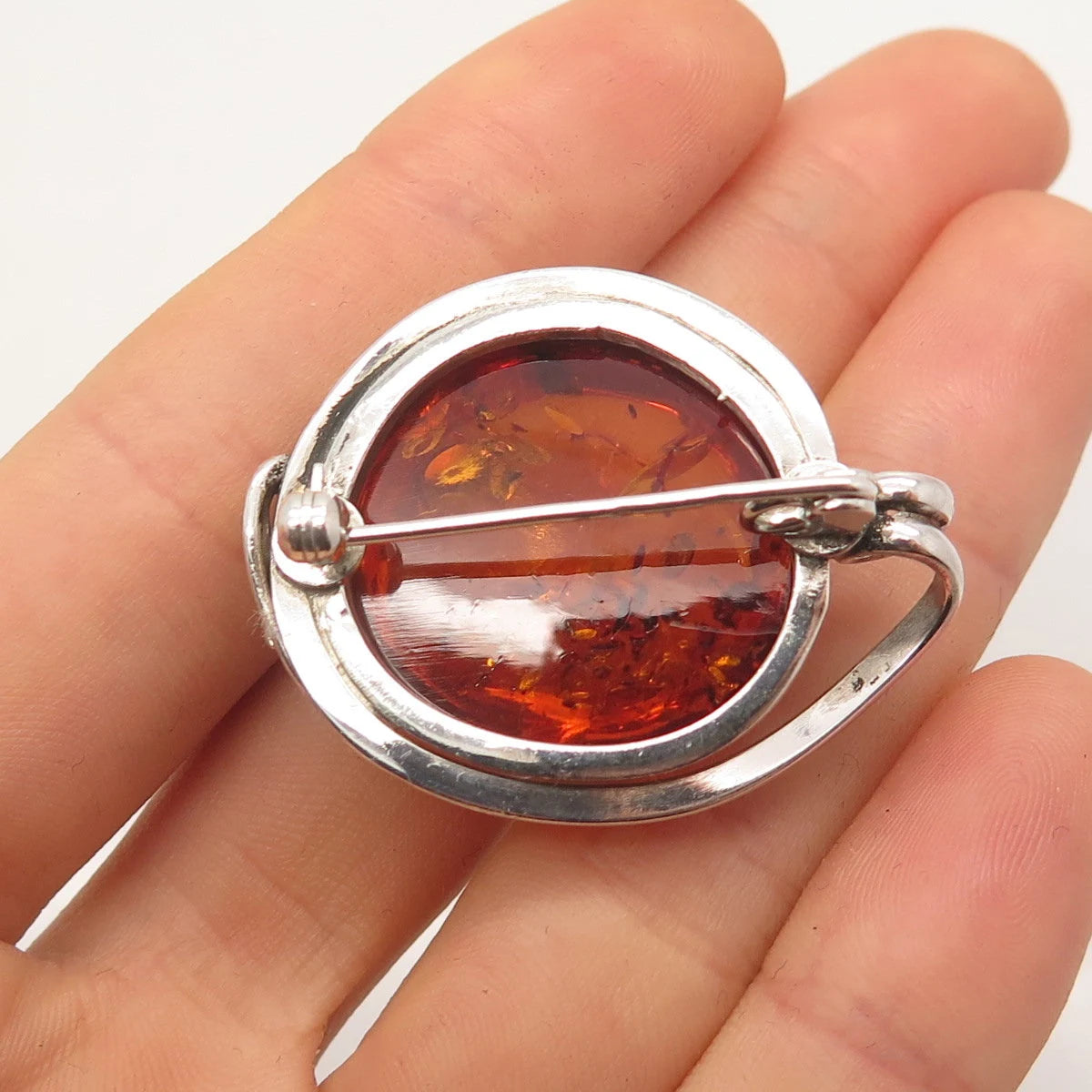 925 Sterling Silver Vintage Real Amber Pin Brooch
