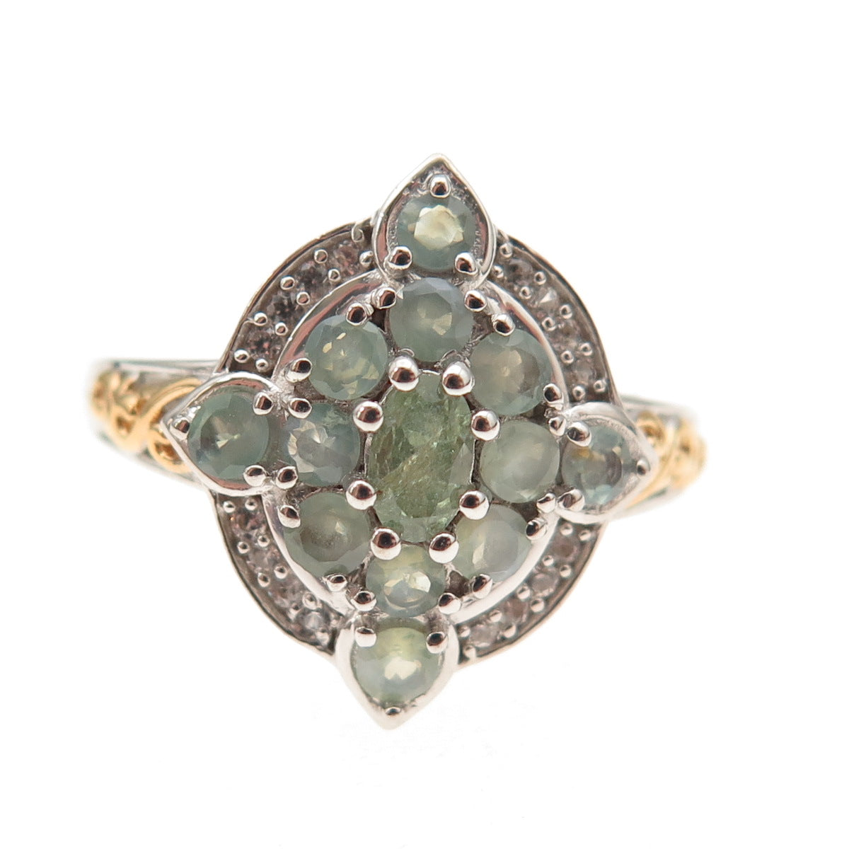 D'Joy 925 Sterling Silver 2-Tone Real Green Topaz & White Topaz Ring Size 8