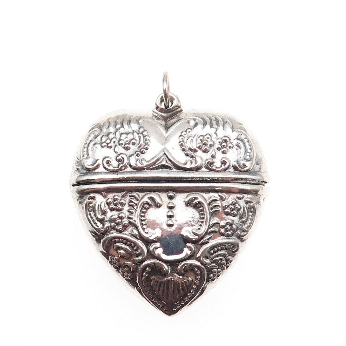 925 Sterling Silver Vintage Heart Repousse Chatelaine Box Oxidized Pendant
