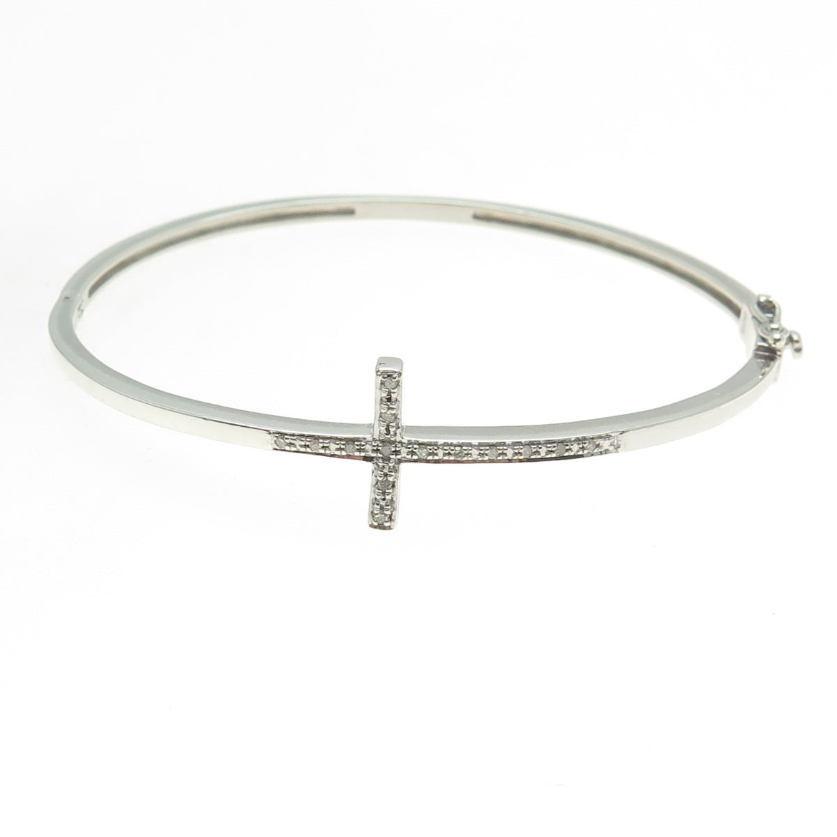 925 Sterling Silver Real Round-Cut Diamond Cross Bangle Bracelet 7"