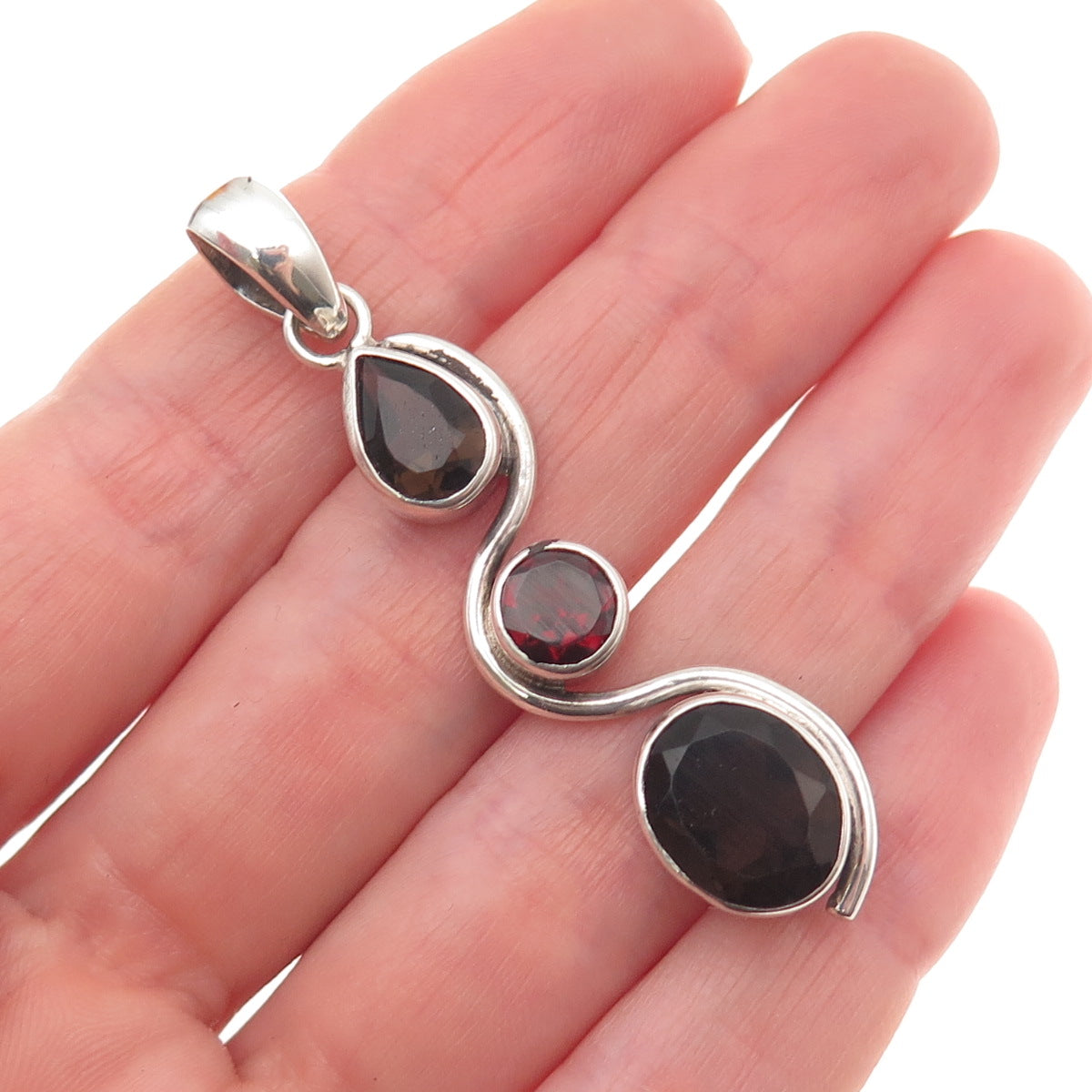 925 Sterling Silver Vintage Real Smoky Quartz & Red Garnet Wavy Charm Pendant