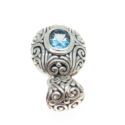 925 Sterling Silver Vintage Real Blue Topaz Gemstone Ornate Pendant