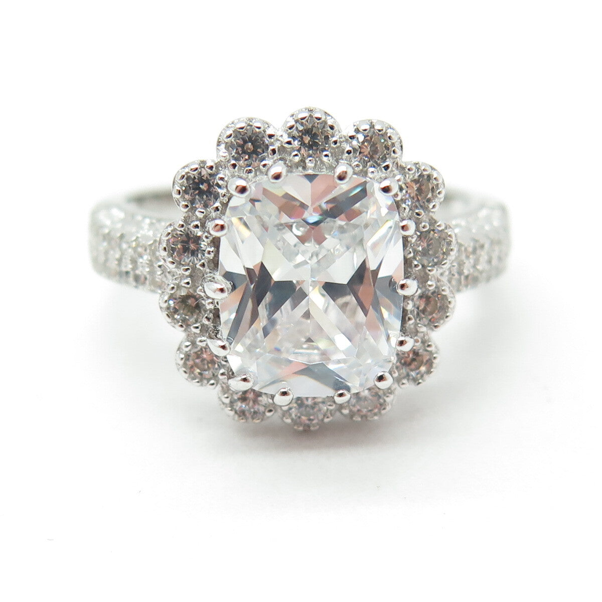 925 Sterling Silver Real Cushion & Round-Cut C Z Ring Size 8.25