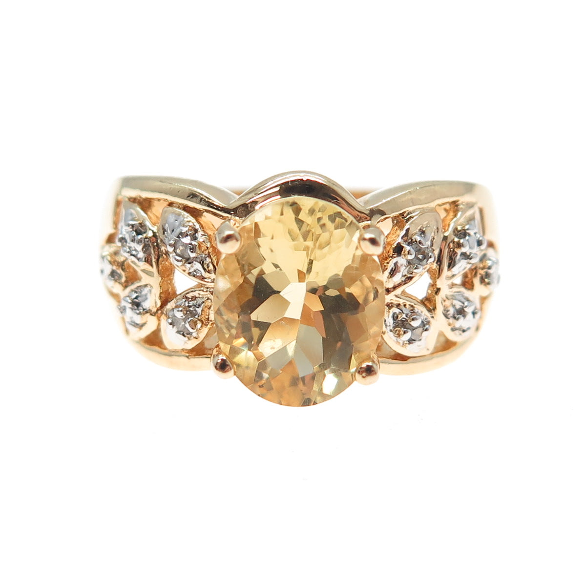 ROSS SIMONS 925 Sterling Silver Gold Plated Real Diamond & Citrine Ring Size 7.5