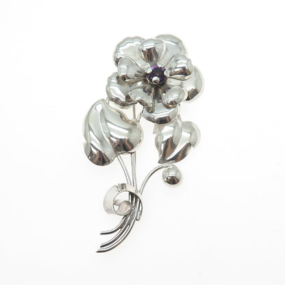 925 Sterling Silver Antique Art Deco Purple Rhinestone Flower Oxidized Brooch