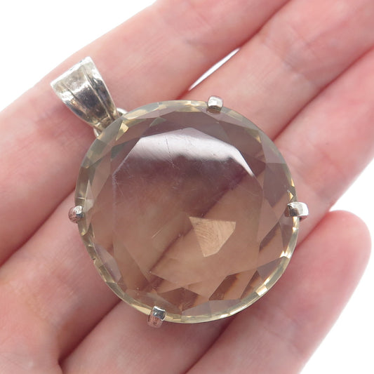 925 Sterling Silver Vintage Real Round-Cut Smoky Quartz Pendant
