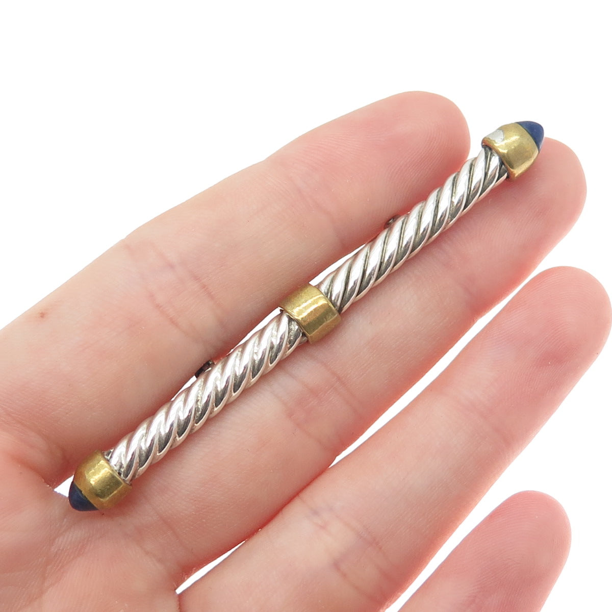 925 Sterling Silver 2-Tone Vintage Real Sodalite Bar Oxidized Pin Brooch