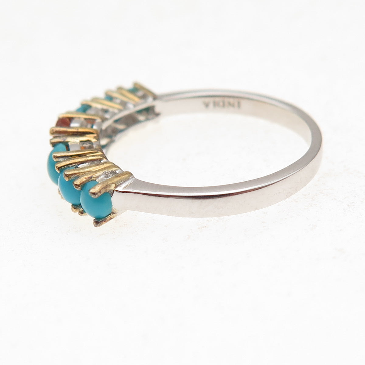 925 Sterling Silver 2-Tone Real Fire Sapphire & Turquoise Ring Size 8.25