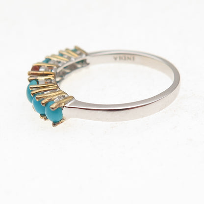 925 Sterling Silver 2-Tone Real Fire Sapphire & Turquoise Ring Size 8.25