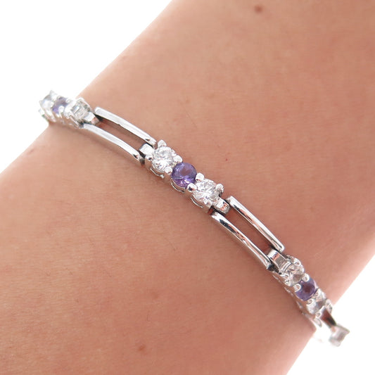 925 Sterling Silver Real Amethyst & C Z Station Tennis Link Bracelet 7.25"