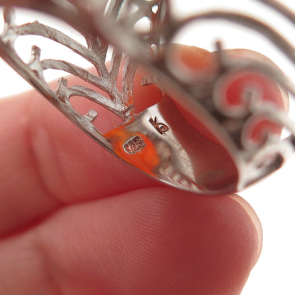 Ken Crafts 925 Sterling Silver Real Red Agate Floral Scroll Ring Size 9
