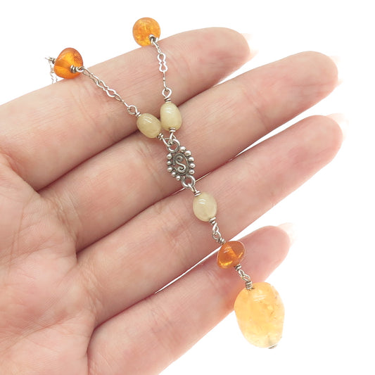 925 Sterling Silver Vintage Real Amber Quartz & Citrine Gem Lariat Necklace 16"