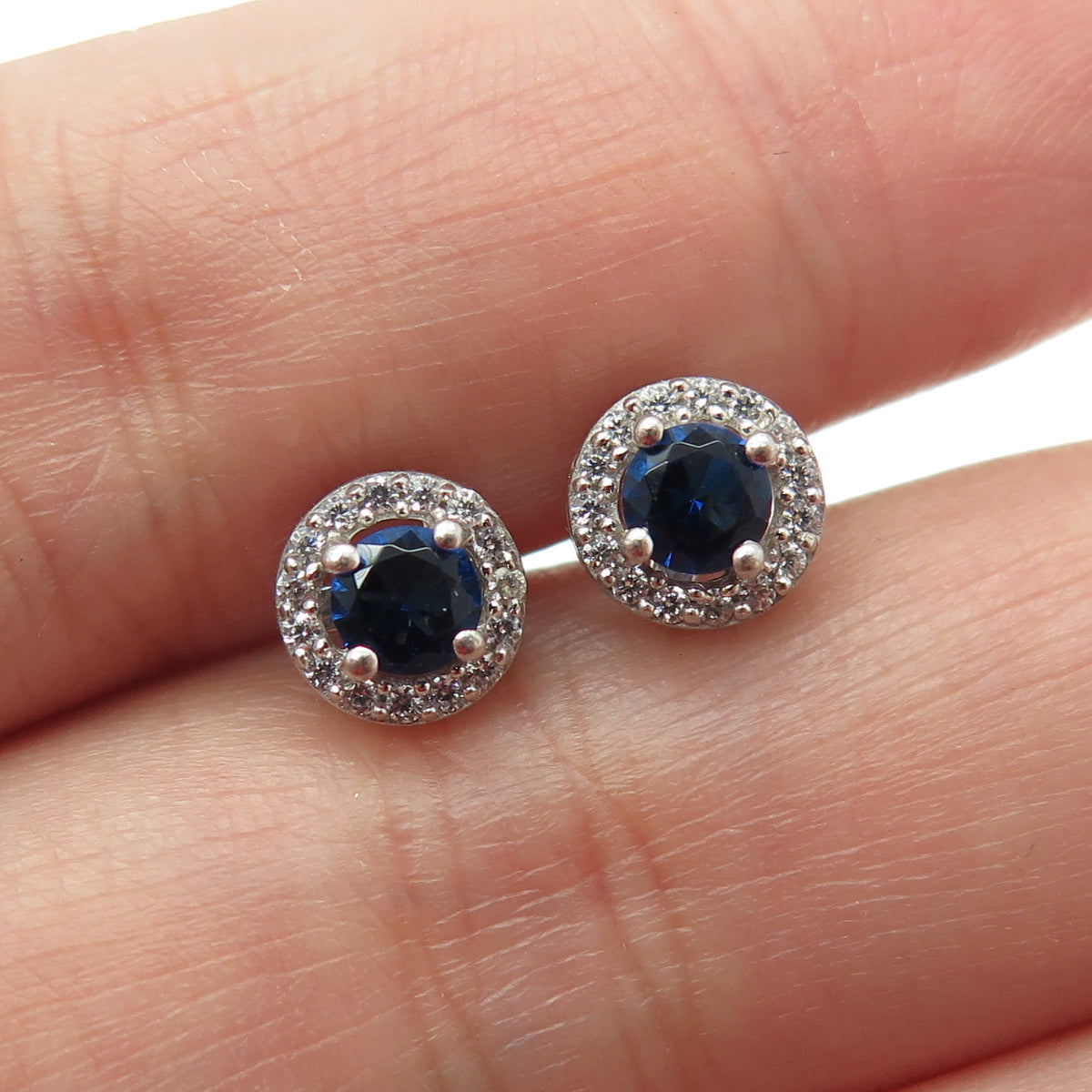 SAY 925 Sterling Silver Round-Cut Nano Sapphire & C Z Stud Earrings