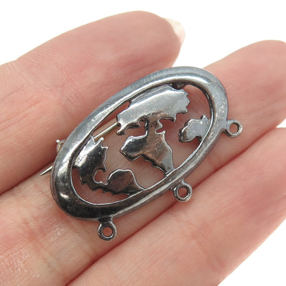 SHUBE 925 Sterling Silver Vintage World Map Oxidized Charm Pin Brooch