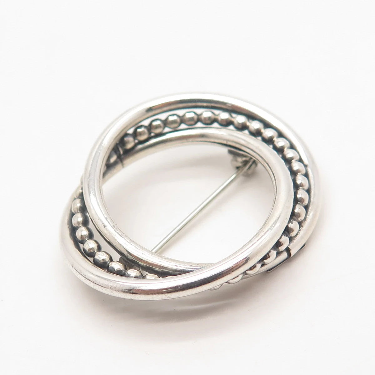 925 Sterling Silver Vintage BEAU Triple Circle Beaded Pin Brooch