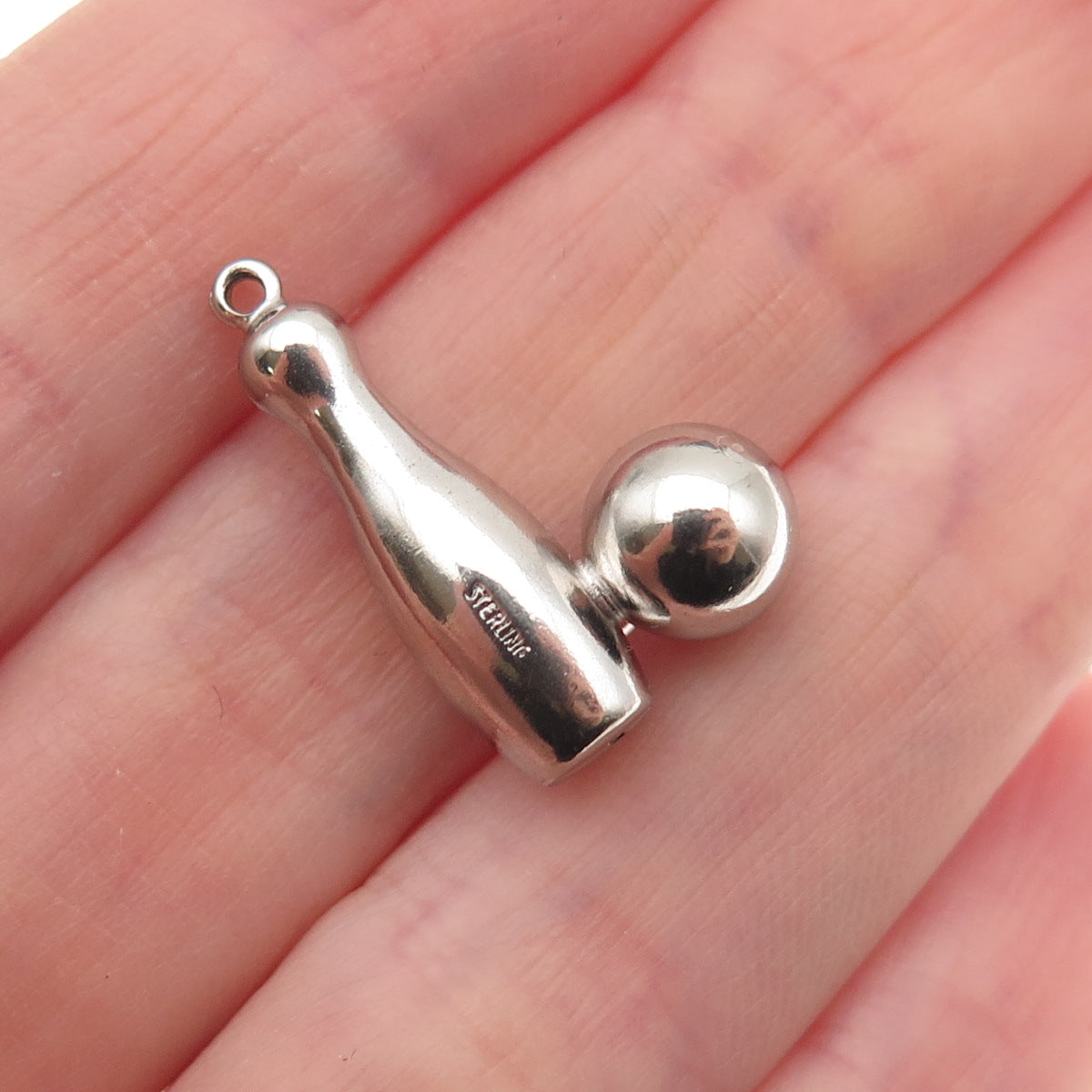 925 Sterling Silver Vintage Bowling Pin & Ball 3D Charm Pendant