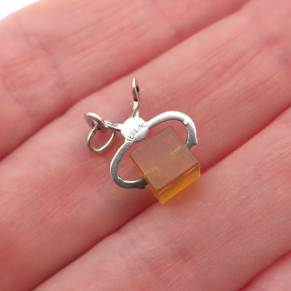 925 Sterling Silver Antique Art Deco Real Amber Sugar Tongs 3D Mini Pendant