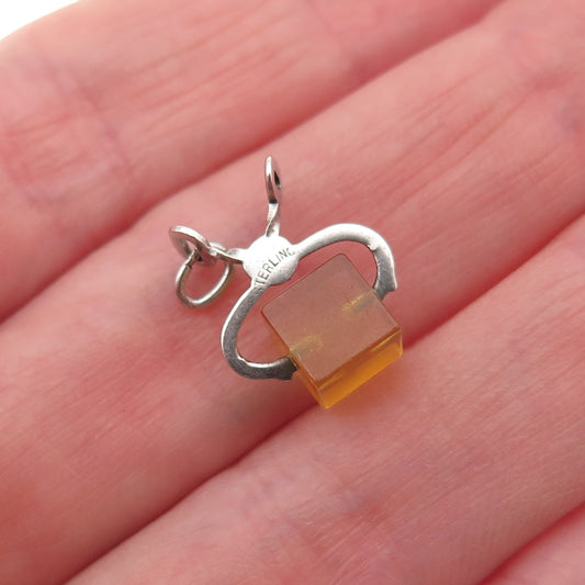 925 Sterling Silver Antique Art Deco Real Amber Sugar Tongs 3D Mini Pendant