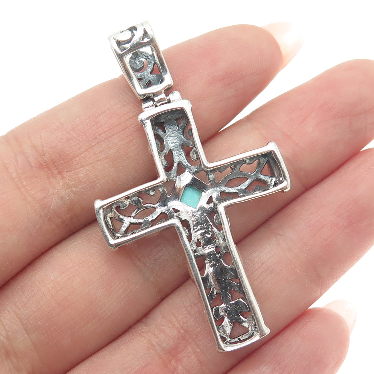 925 Sterling Silver Vintage Sleeping Beauty Turquoise Gem Ornate Cross Pendant