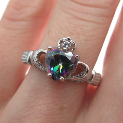 925 Sterling Silver Heart-Cut Mystic Quartz & C Z Irish Claddagh Ring Size 7.5
